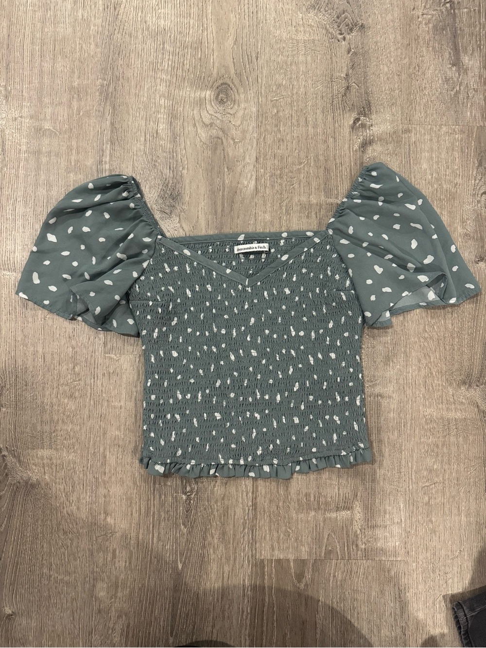 Abercrombie & Fitch Teal Green Smocked Puff Sleeve Crop Top with White Dot Print